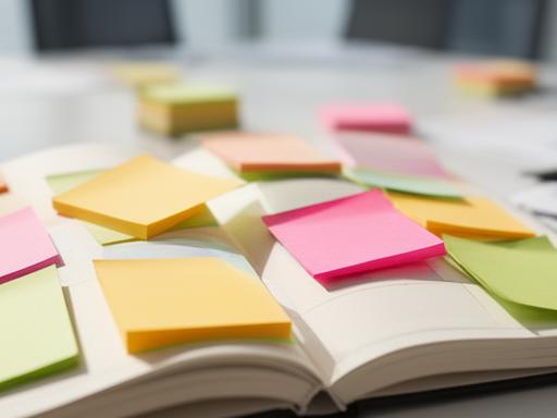 Notas adhesivas de colores sobre un cuaderno abierto en una mesa de reunión