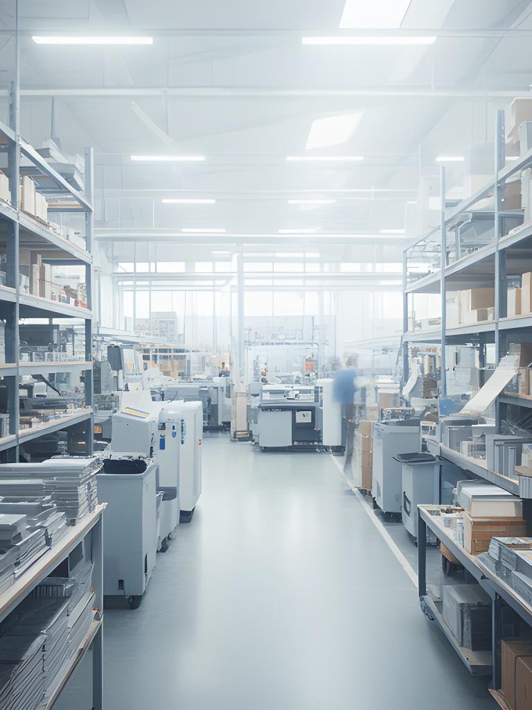 Vista luminosa de la fábrica de insumos de oficina con estanterías ordenadas y maquinaria en actividad