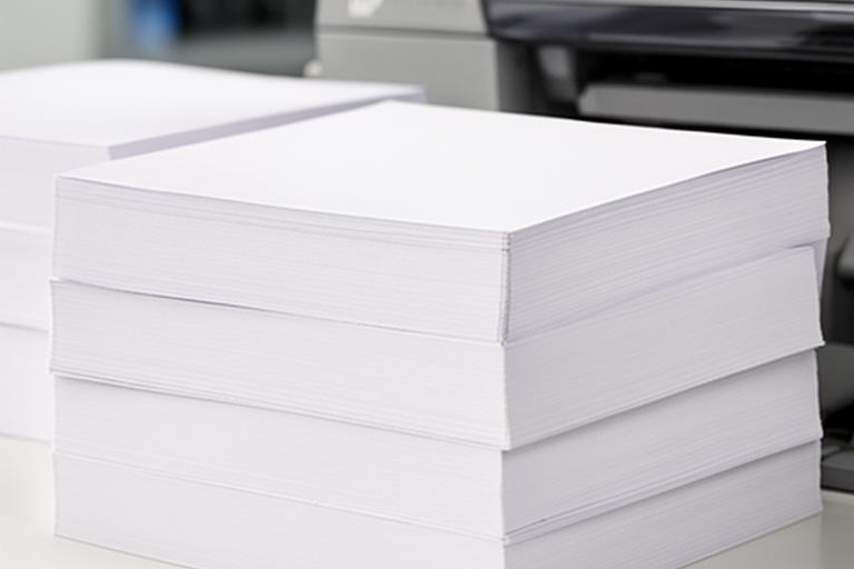 Resmas de papel blanco apiladas junto a una impresora en una oficina luminosa