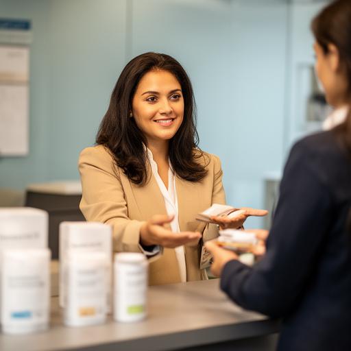 Nunii Eli en recepción comercial atendiendo consultas con muestras de productos sobre el mostrador