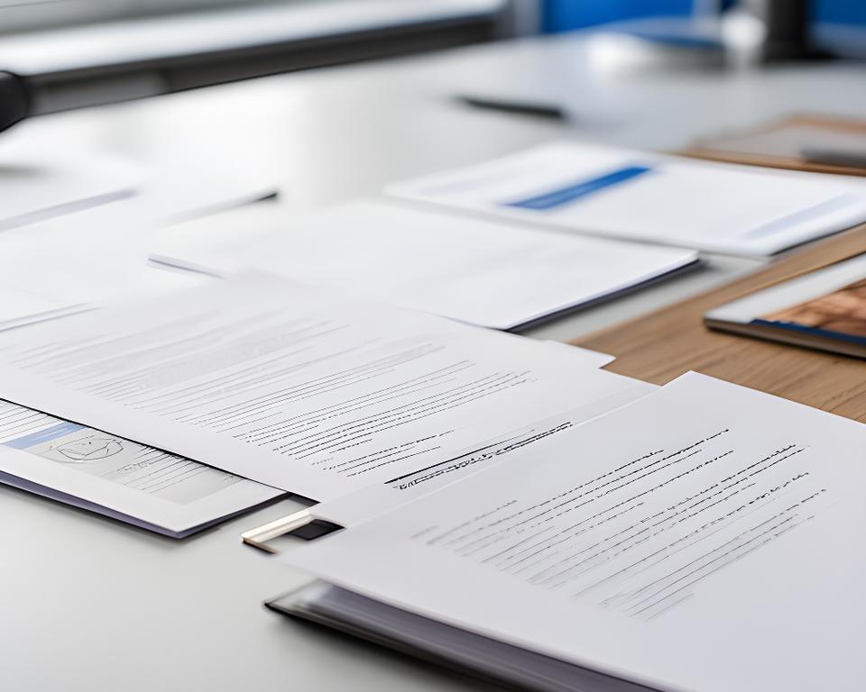 Documentos de oficina y catálogo impreso sobre una mesa prolija en una oficina luminosa