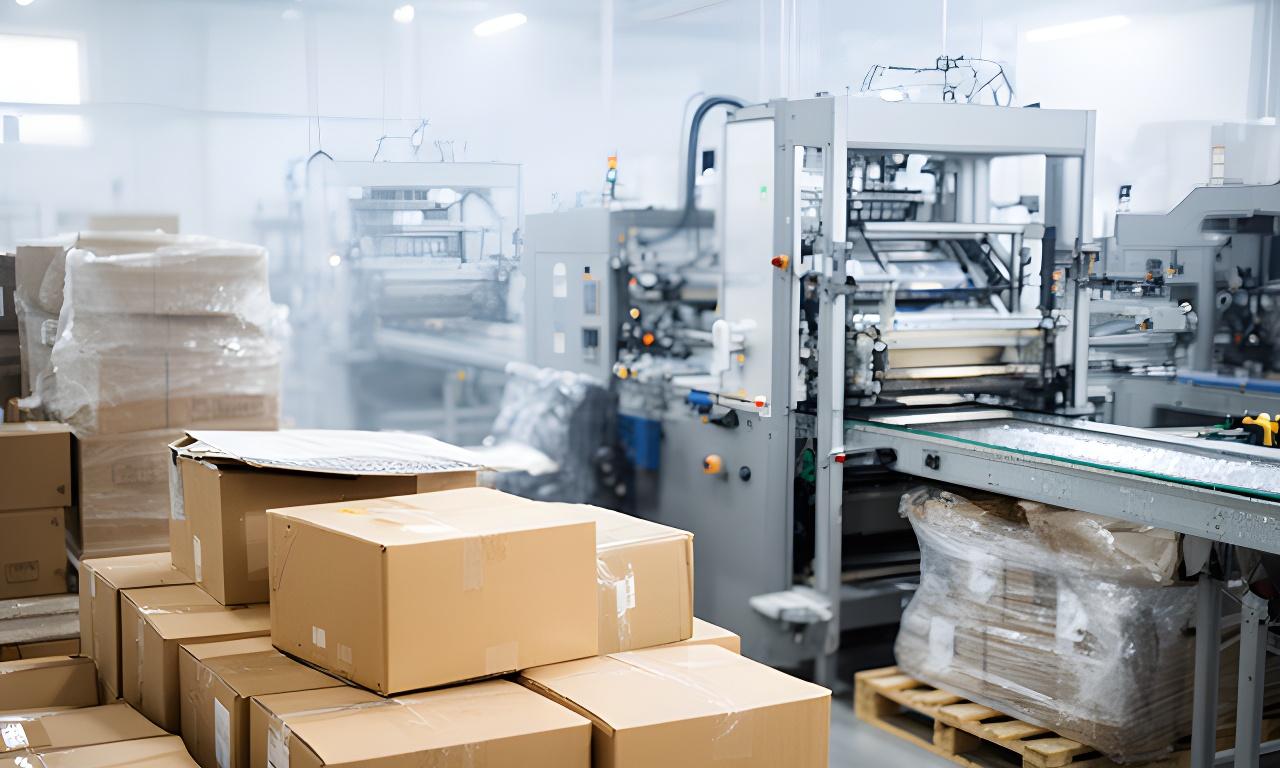 Planta de fabricación de insumos de oficina con maquinaria en operación y cajas listas para despacho