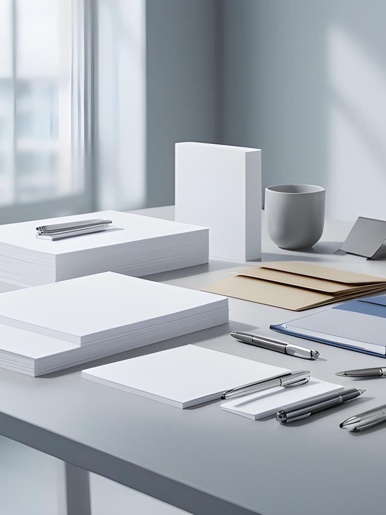 Escritorio de oficina con cuadernos, carpetas, bolígrafos y resmas ordenadas en un entorno profesional