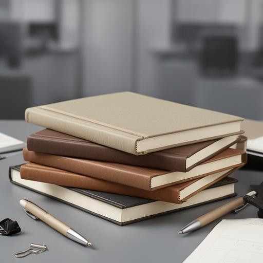 Cuadernos de tapa dura apilados en un escritorio con útiles de oficina alrededor