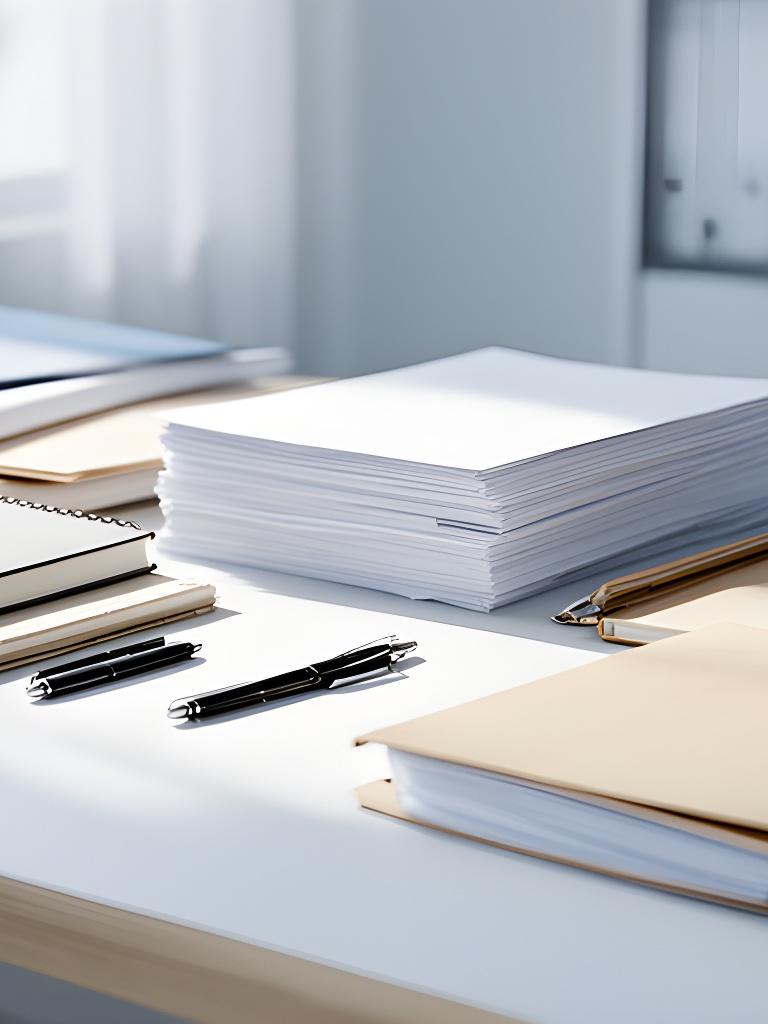 Mesa de oficina ordenada con cuadernos, resmas, bolígrafos y carpetas apiladas en un entorno limpio y luminoso
