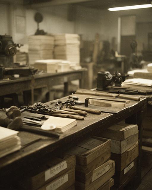 Fotografía histórica de la antigua fábrica con herramientas manuales y cajas de insumos apiladas